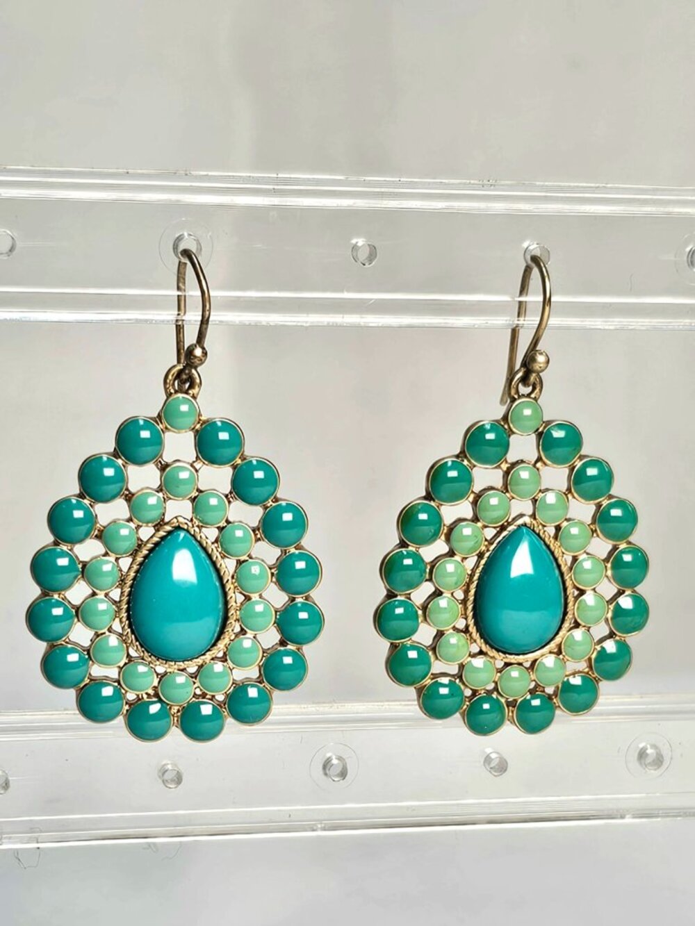 Turquoise Enamel Cabochon Drop Earrings Gold Tone Medallion Boho Statement - Picture 1 of 5